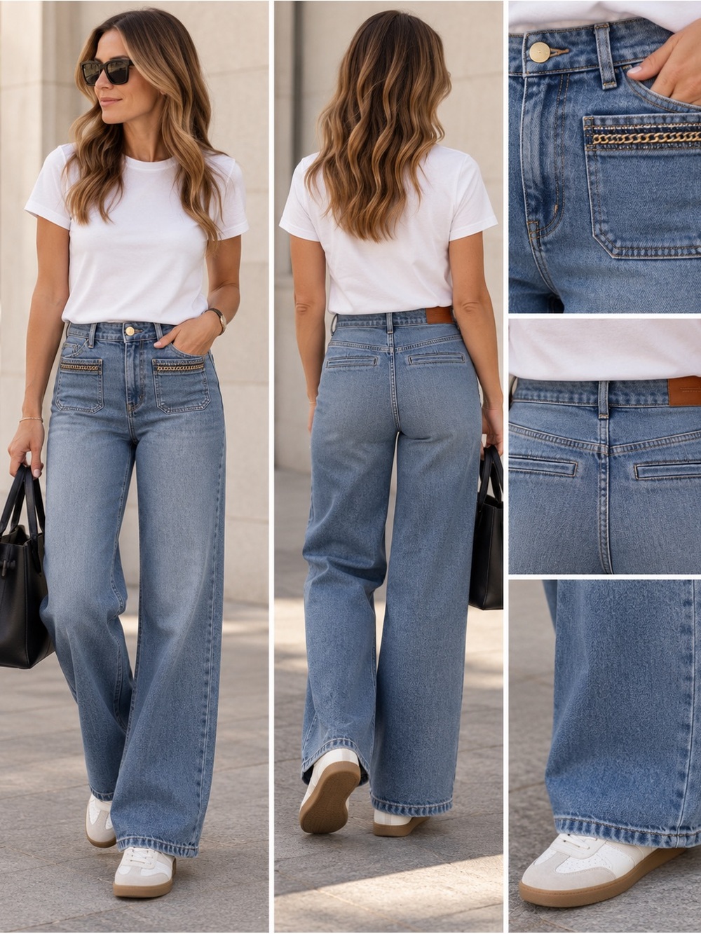 MOS MOSH MMColette Pala Wide Leg Jeans | Size 29 | Light Wash |Gold Chain Detail